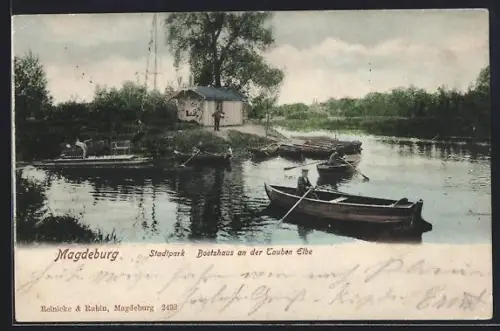 AK Magdeburg, Stadtpark mit Boothaus an der Tauben Elbe