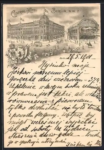Lithographie Berlin, Central-Hotel mit Strassenpartie