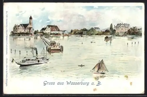 Lithographie Wasserburg a. B., Ortsansicht mit Kirche und Schiffsanleger