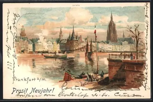 AK Alt-Frankfurt, Mainufer, Brücke, Dom