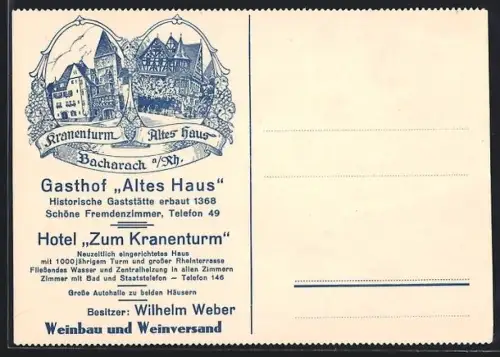 Künstler-AK Bacharach a. Rh., Hotel Zum Kranenturm und Gasthof Altes Haus von Wilhelm Weber