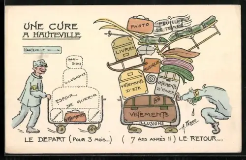 Künstler-AK Hauteville, Un Cure, Le depart et le retour