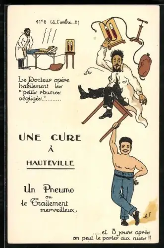 Künstler-AK Hauteville, Patient stemmt nach der Kur seinen Arzt samt Stuhl in die Luft