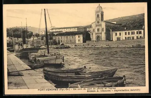 AK Port-Vendres /Pyr.-Or., Un coin du port de pêche et l`église