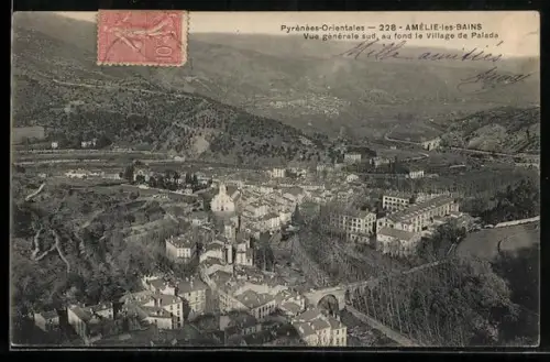 AK Amélie-les-Bains, Vue générale sud avec le village de Palalda au fond
