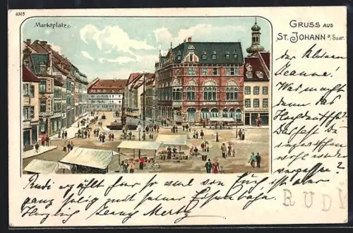 Lithographie Saarbrücken, Marktplatz mit Ständen und Leuten