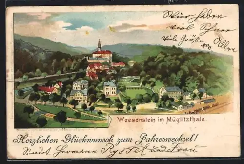 Lithographie Weesenstein im Müglitzthal, Teilansicht mit Eisenbahn, Neujahrsgruss