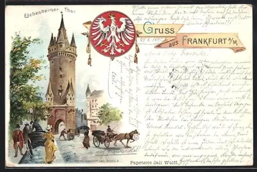 Lithographie Frankfurt a. M., Eschenheimer Tor, Wappen