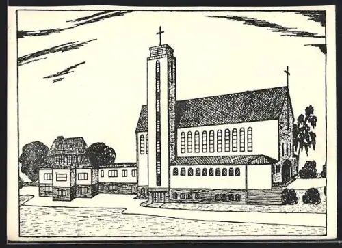 Künstler-AK Erkner, Katholische Kirche, Grundsteinlegung 1932
