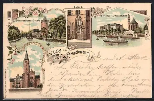 Lithographie Brandenburg a. H., Steinthorturm und Brücke, Roland, Seldria mit St. Johanneskirche und Dom