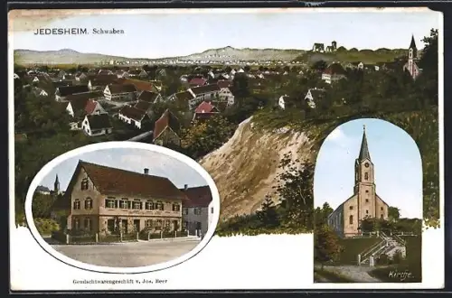AK Jedesheim, Gemischtwarengeschäft v. Jos. Beer, Kirche, Gesamtansicht mit Berg