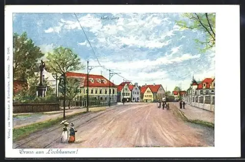Künstler-AK Lechhausen, Strassenpartie am Marktplatz mit Strassenbahn