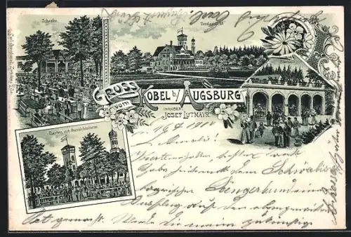 Lithographie Kobel b. Augsburg, Gasthaus Bierhalle, Schenke, Garten mit Aussichtsturm