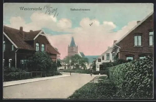 AK Westerstede, Bahnhofstrasse mit Radfahrer