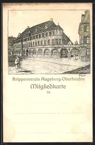Künstler-AK Augsburg-Oberhausen, Mitgliedskarte Krippenverein