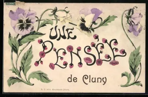 AK Cluny, Une pensée de Cluny avec des fleurs illustrées