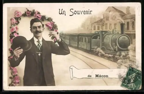 AK Mâcon, Un Souvenir: homme saluant devant un train à vapeur