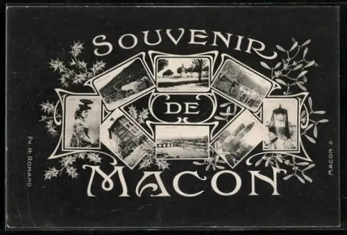 AK Mâcon, Souvenir de Mâcon avec vues multiples et motifs floraux