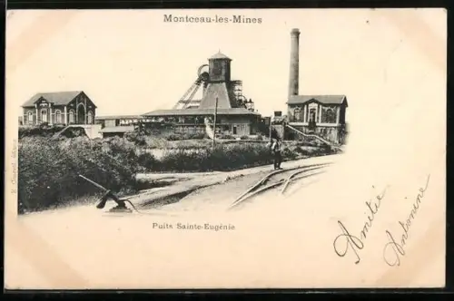 AK Montceau-les-Mines, Puits Sainte-Eugénie avec infrastructures minières et chemin de fer