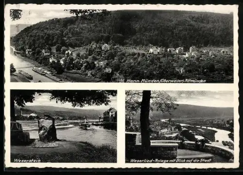 AK Hann. Münden /Oberweser, Altmuenden, Weserstein, Weserlied-Anlage mit Blick auf die Stadt