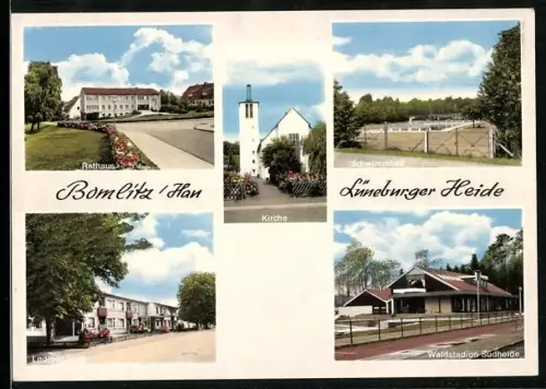 AK Bomlitz /Lüneburger Heide, Rathaus, Kirche, Schwimmbad, Waldstadion-Südheide, Lech