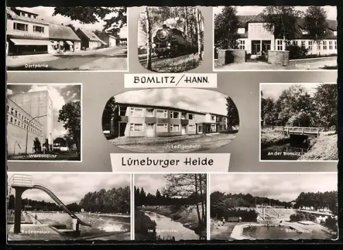 AK Bomlitz /Hann., Dorfpartie, Werkstor, Badeanstalt
