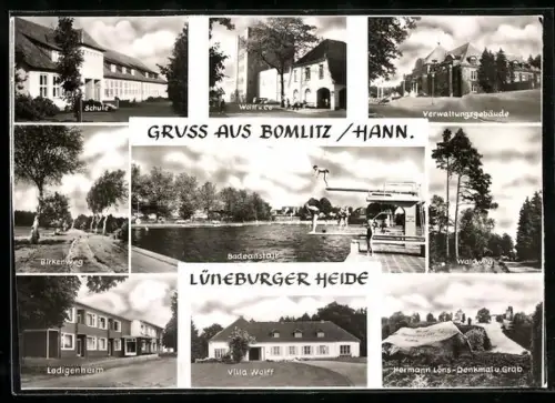 AK Bomlitz /Hann., Wasserturm, Badeanstalt, Hermann Löns-Denkmal u. Grab, Schule, Ledigenheim