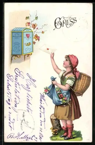 AK Junge Frau wirft einen Brief ein