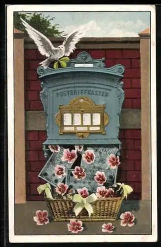 AK Weisse Taube auf Briefkasten mit Geldscheinen