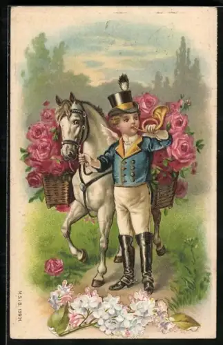 Präge-AK Briefträger und Pferd mit Rosenkorb