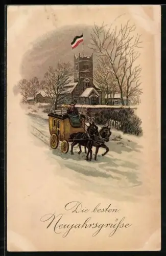 AK Postkutsche auf einer verschneiten Strasse, Neujahrsgruss