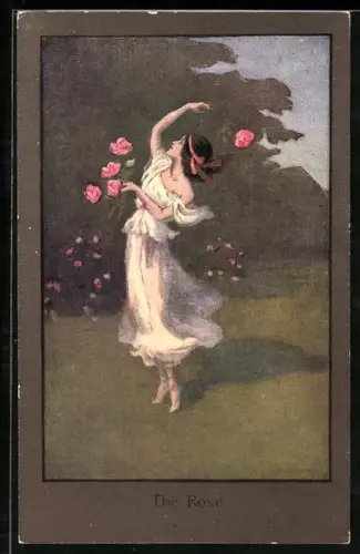 AK Tanzende junge Frau mit Rosen