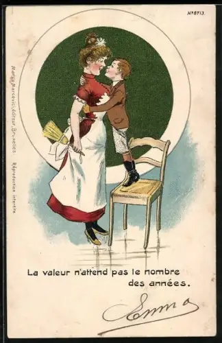 AK Junge auf Stuhl küsst das Dienstmädchen