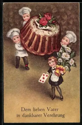 AK Drei kleine Bäcker mit Kuchen und Dienstmädchen, Vatertagsgruss