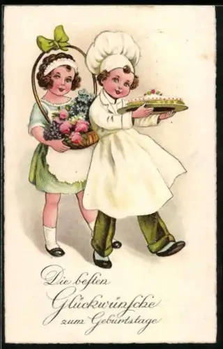 AK Dienstmädchen und Bäcker mit Kuchen, Geburtstagsgruss