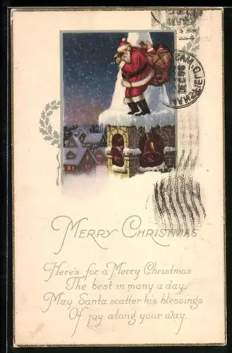 AK Weihnachtsmann nachts im Winter auf Glockenturm, Weihnachtsgruss