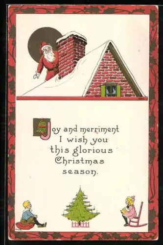 Präge-AK Weihnachtsmann auf dem Dach im Winter