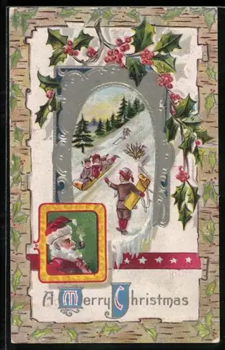 Präge-AK Kinder beim Schlittenfahren, Weihnachtsmann, Weihnachtsgruss