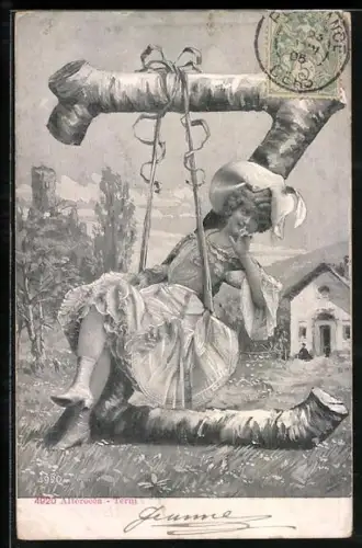 Lithographie Alterocca-Terni, Fräulein auf Schaukel am Buchstaben Z