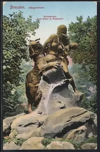 AK Dresden, Bürgerwiese, Broncegruppe: Zwei Mütter in Wassernot