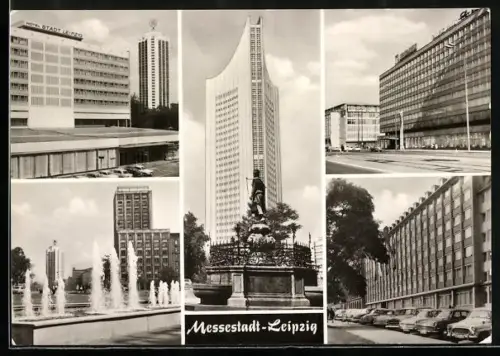 AK Leipzig, Hotel Stadt Leipzig, Hochhäuser und Wasserkunst