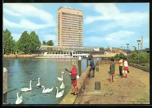 AK Potsdam, Interhotel, Ausflugsdampfer, Passanten füttern Schwäne