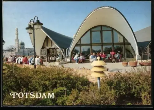 AK Potsdam, Café Seerose und Moschee mit Gästen und Passanten