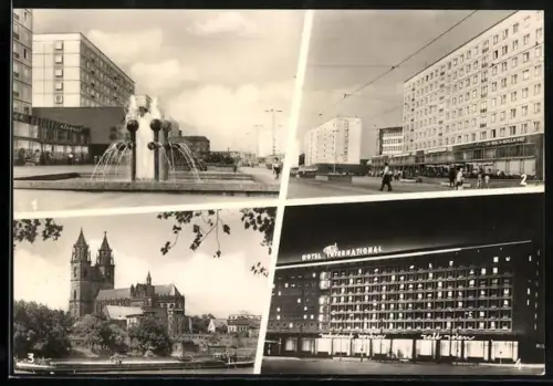 AK Magdeburg, Partien an der Karl-Marx-Strasse und Elbe mit Dom und Hotel International