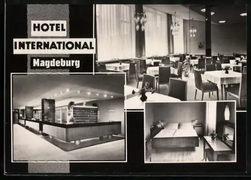 AK Magdeburg, Hotel International, Innenansichten Schlafzimmer, Empfang und Gastraum