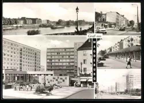 AK Magdeburg, Blick über die Elbe zum Winterhafen, Halberstädter Strasse, Lüneburger Strasse, Leipziger Str., alter Markt