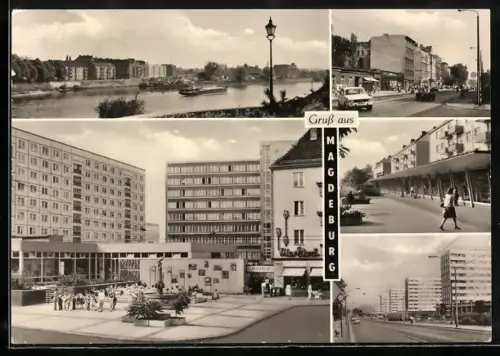 AK Magdeburg, Blick über die Elbe zum Winterhafen, Halberstädter Strasse, Lüneburger Strasse, Leipziger Str., alter Markt