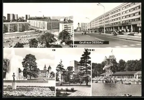 AK Dessau, August-Bebel-Strasse mit Musikgeschäft, Strandbad Adria