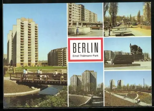 AK Berlin, Ernst-Thälmann-Park, Brunnen in der Franz-Dahlem-Strasse, Ernst-Thälmann-Denkmal, Am Goldfischteich