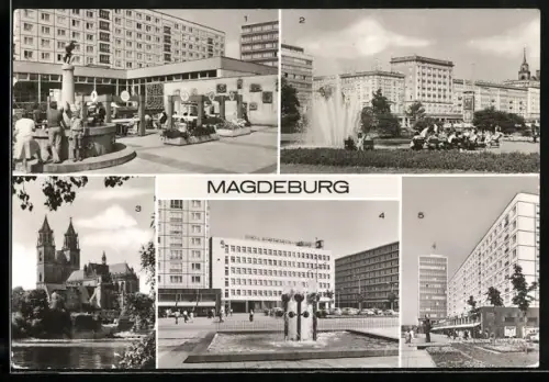 AK Magdeburg, Hotel Gewerkschaftshaus am Ratswaageplatz, Eulenspiegelbrunnen, Karl-Marx-Strasse